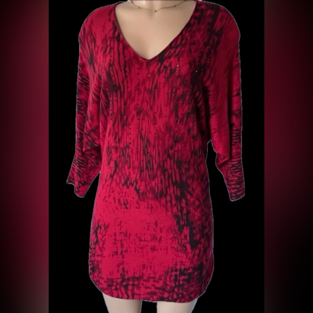 Calvin Klein Rhinestone Chili Pepper Red/ Black Tunic Sweater/ Dress